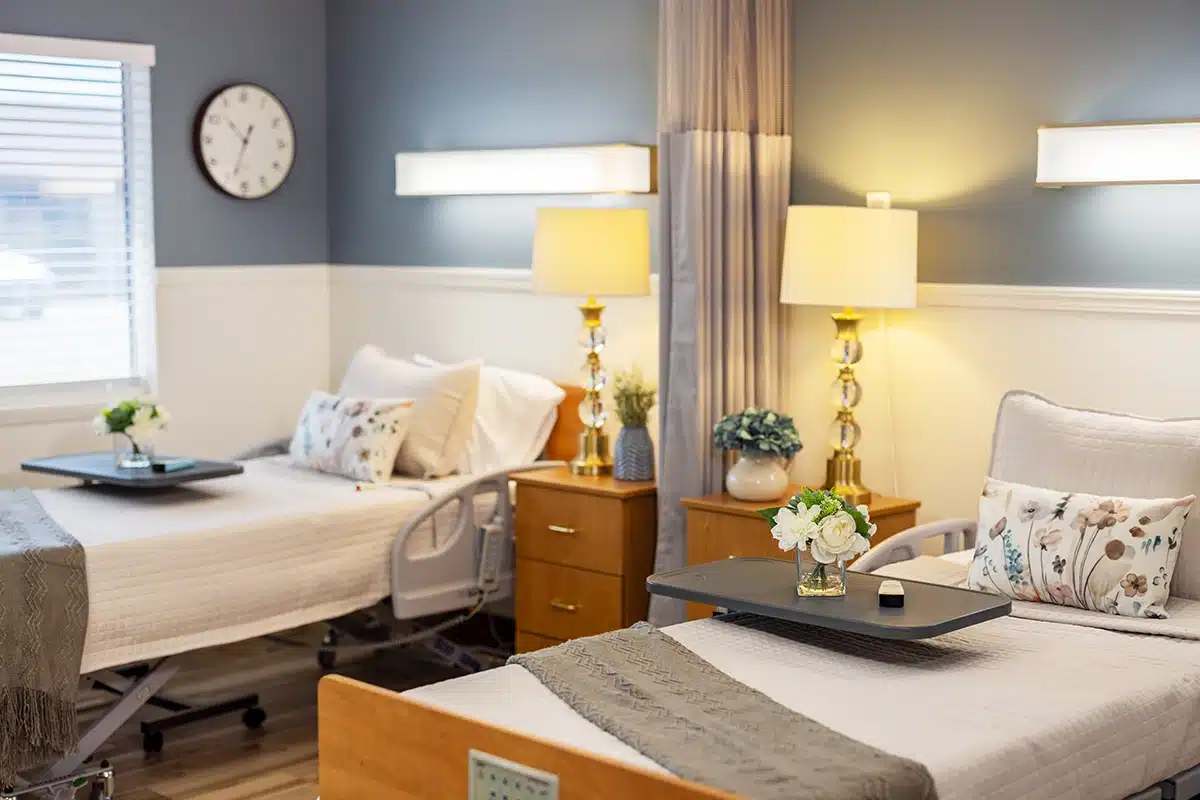 A resident's semi-private room at Roseville Care Center