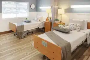 A resident's semi-private room at Roseville Care Center